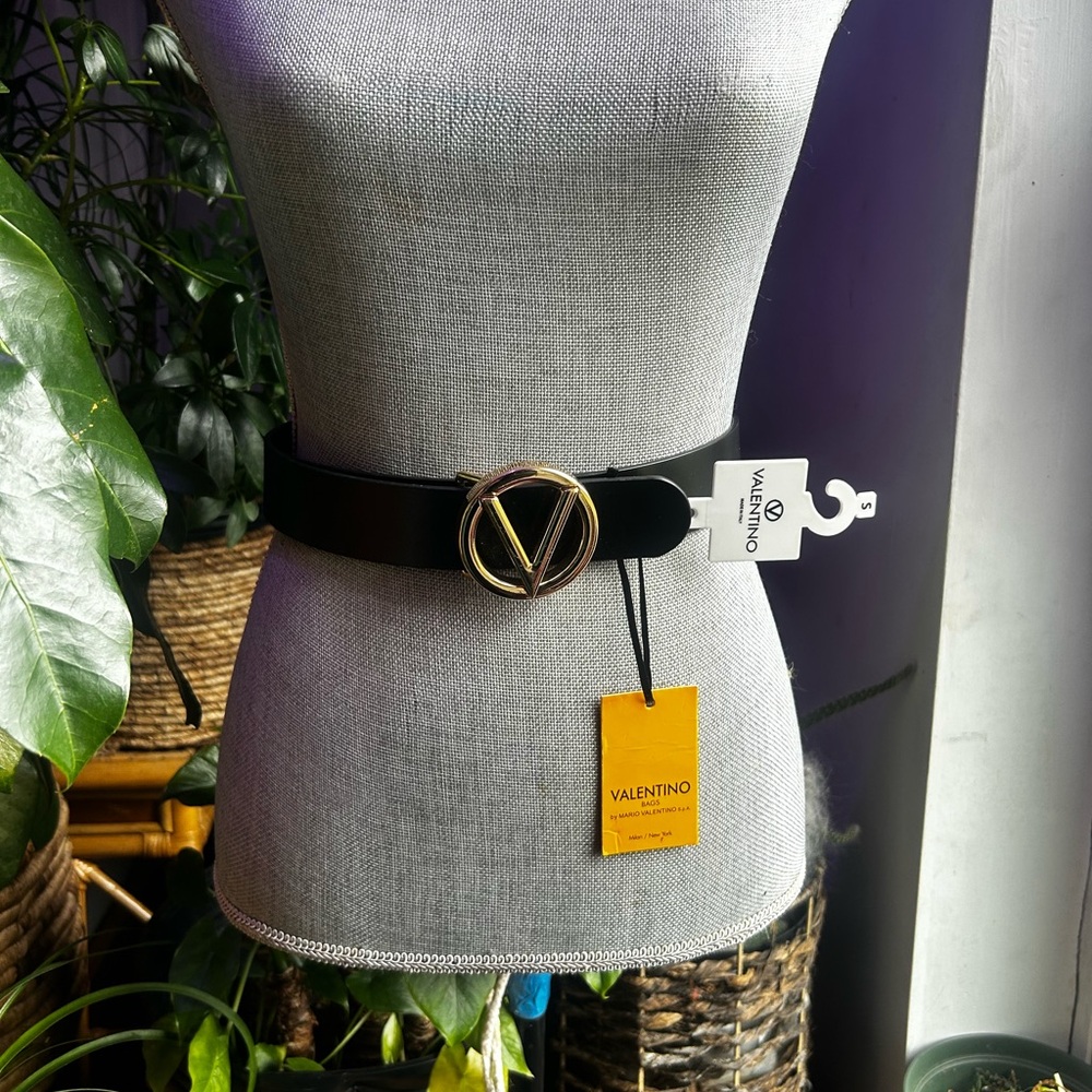 Valentino Black Belt with Gold V Buckle